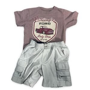 Boys Outfit 3T Ford Body Shop Shirt & Cargo Shorts Brown Green Set